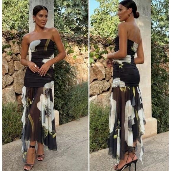 ZARA Strapless Midi Dress Floral Print Tulle Ruched Y2k Style Maxi Blogger Fav - Picture 2 of 15